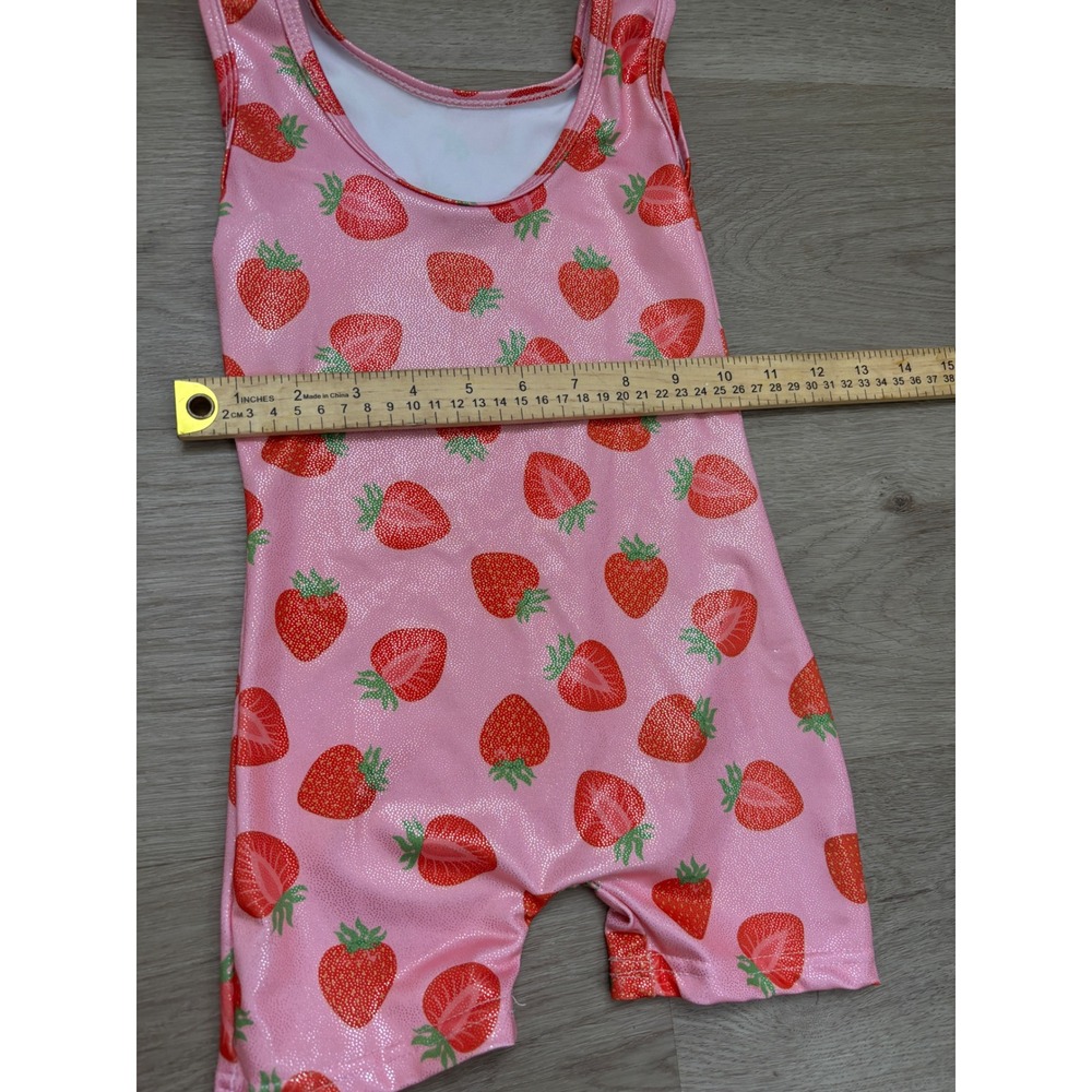 Pink Strawberry Sparkle Gymnastics Biketard Sleeveless Leotard Kids Size XS - Picture 3 of 5